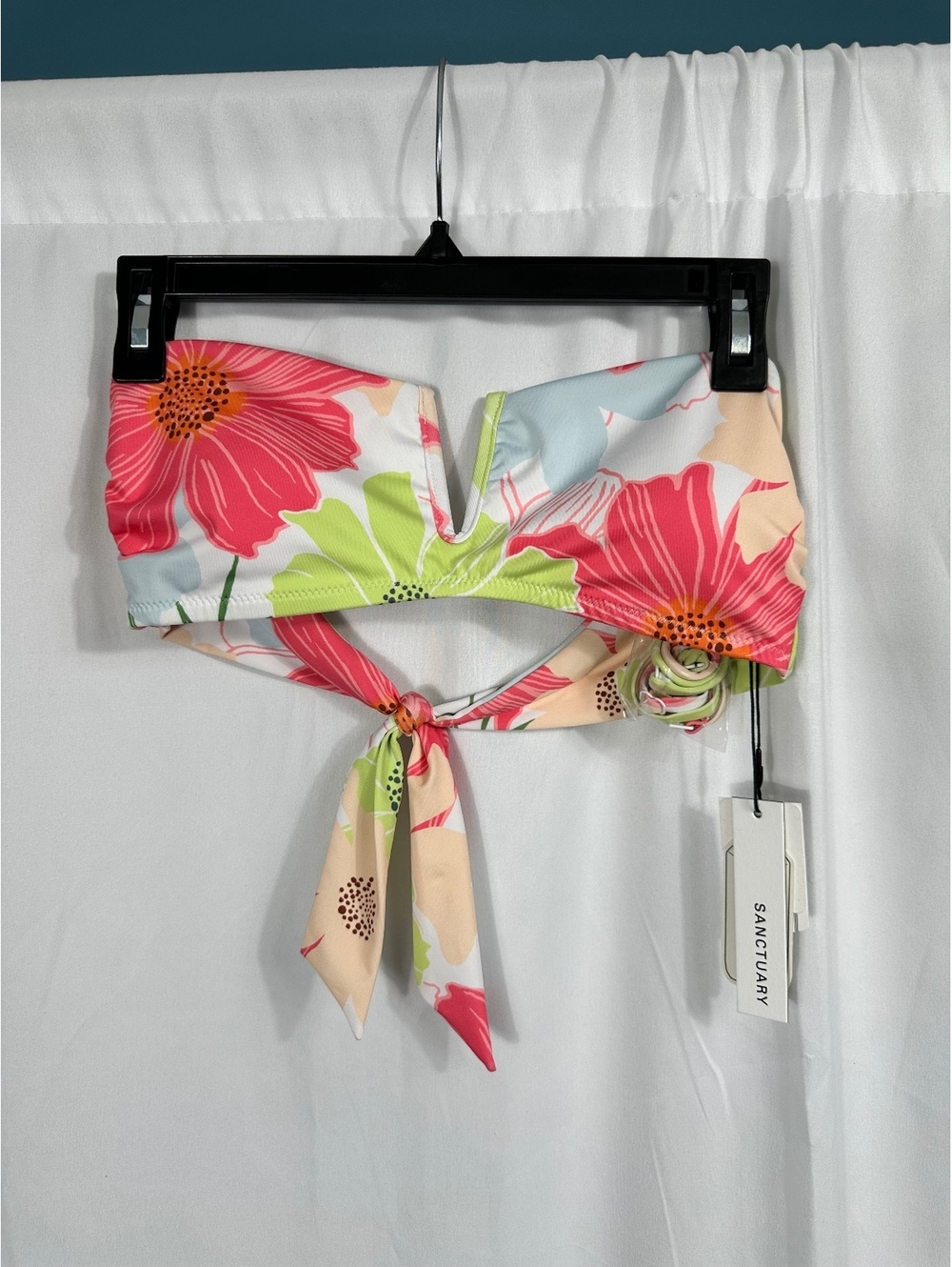 Sanctuary Floral Bandeau Bikini Top with Tie Back, Size Medium